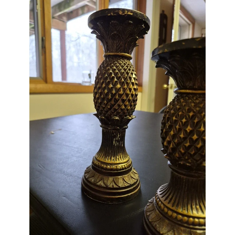 Vintage Style Bronze Pineapple Candle‎ Holder Set of 2 Graduated Heights 10